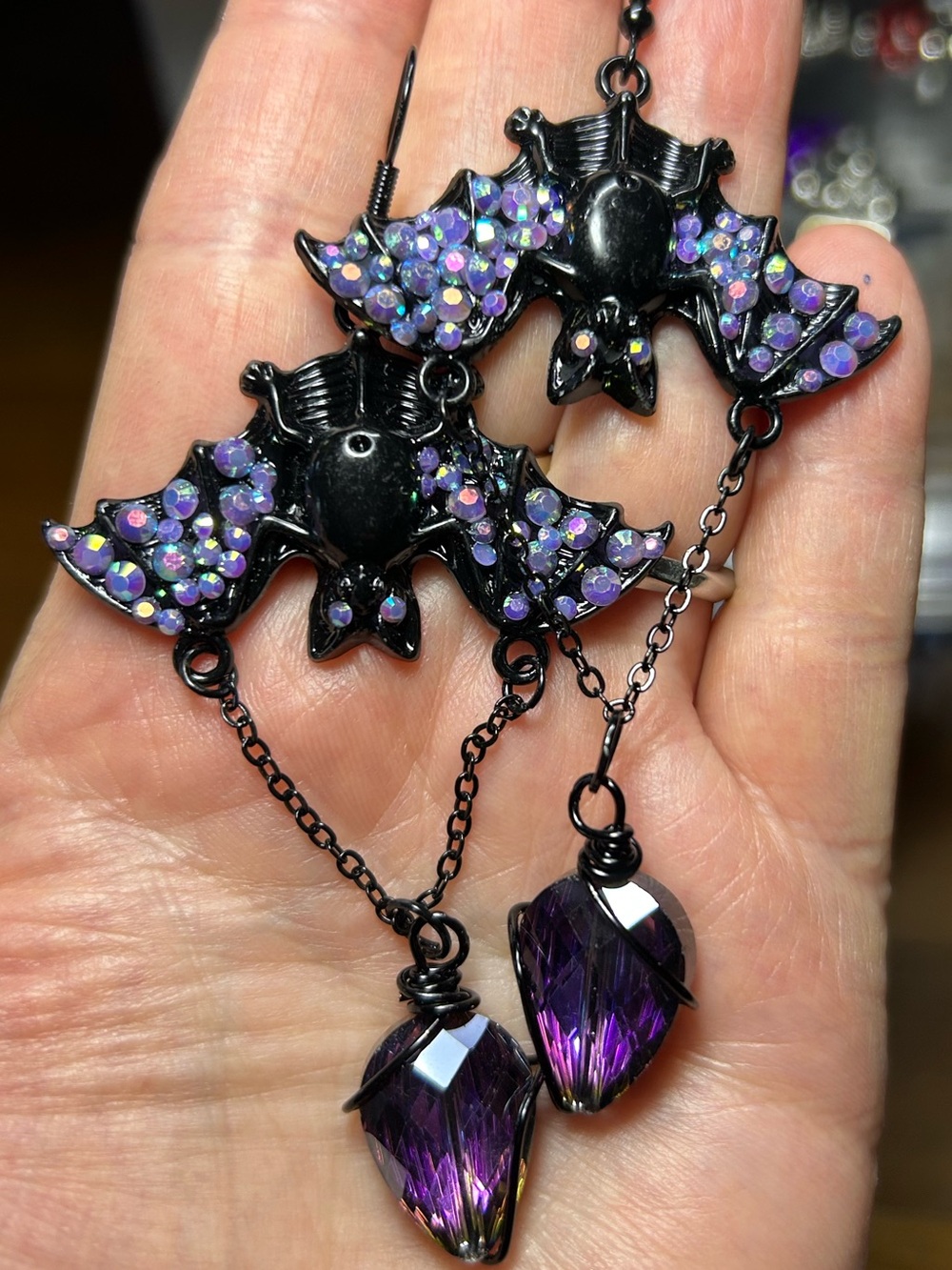 3/$25 Black Bat Drop Earrings with Purple Crystal Accents